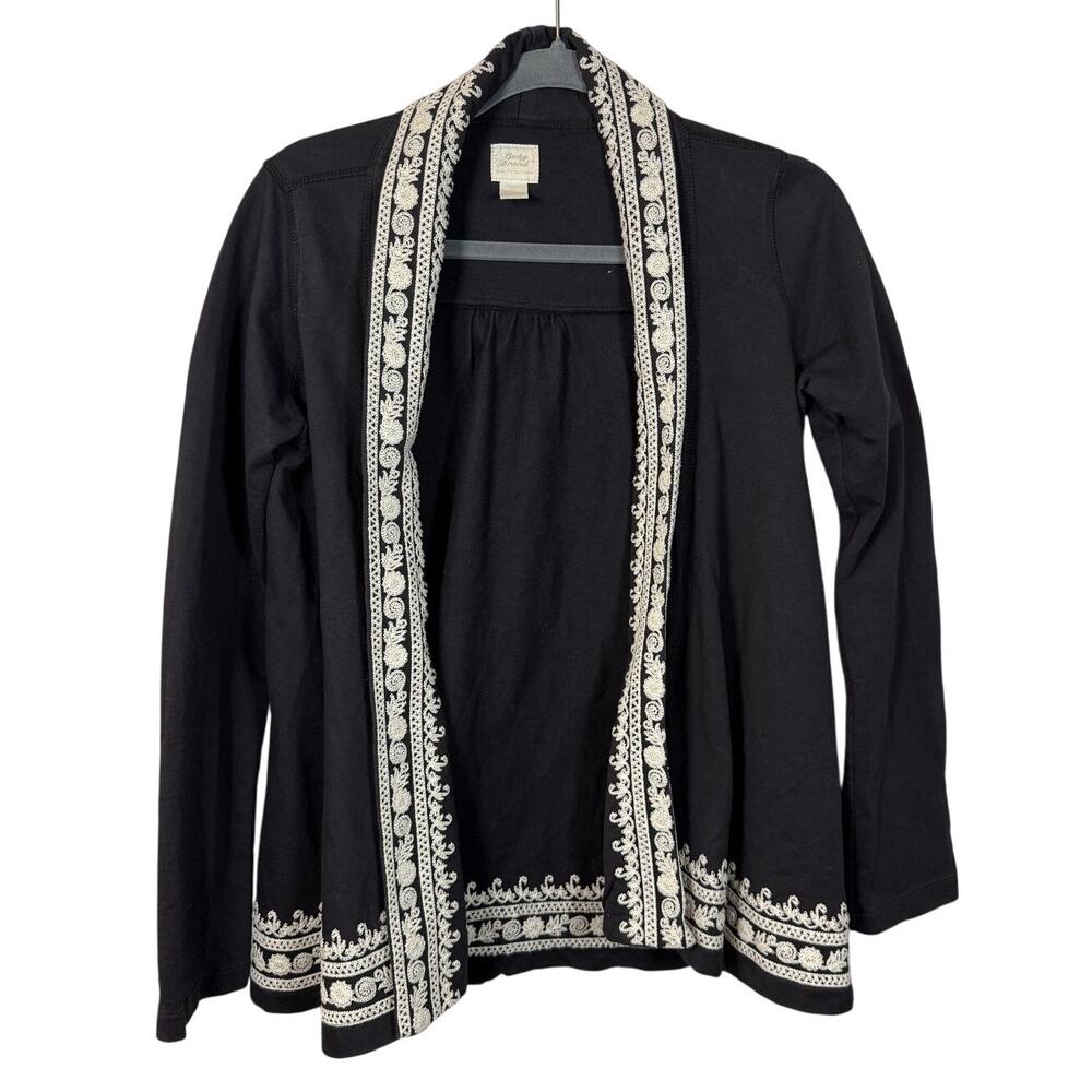 Lucky Brand Cardigan Women's XS Open Front Black Boho Embroidered Trim